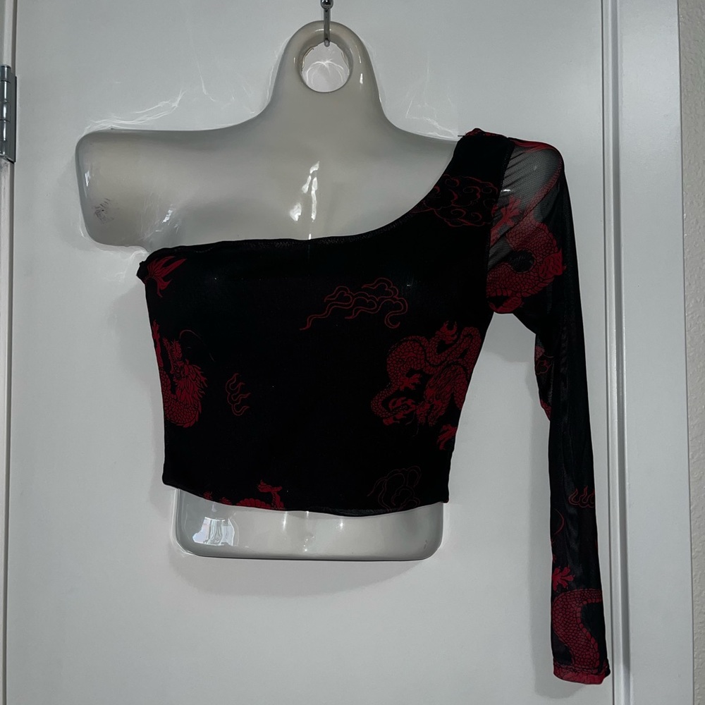 Papermoon Red and Black Mesh Dragon One Sleeve Top